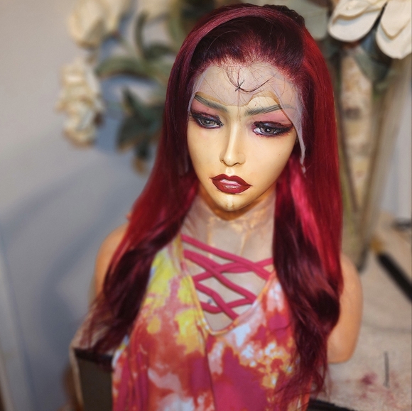 20IN luscious light red and burgundy skunk strip lace front human hair wig